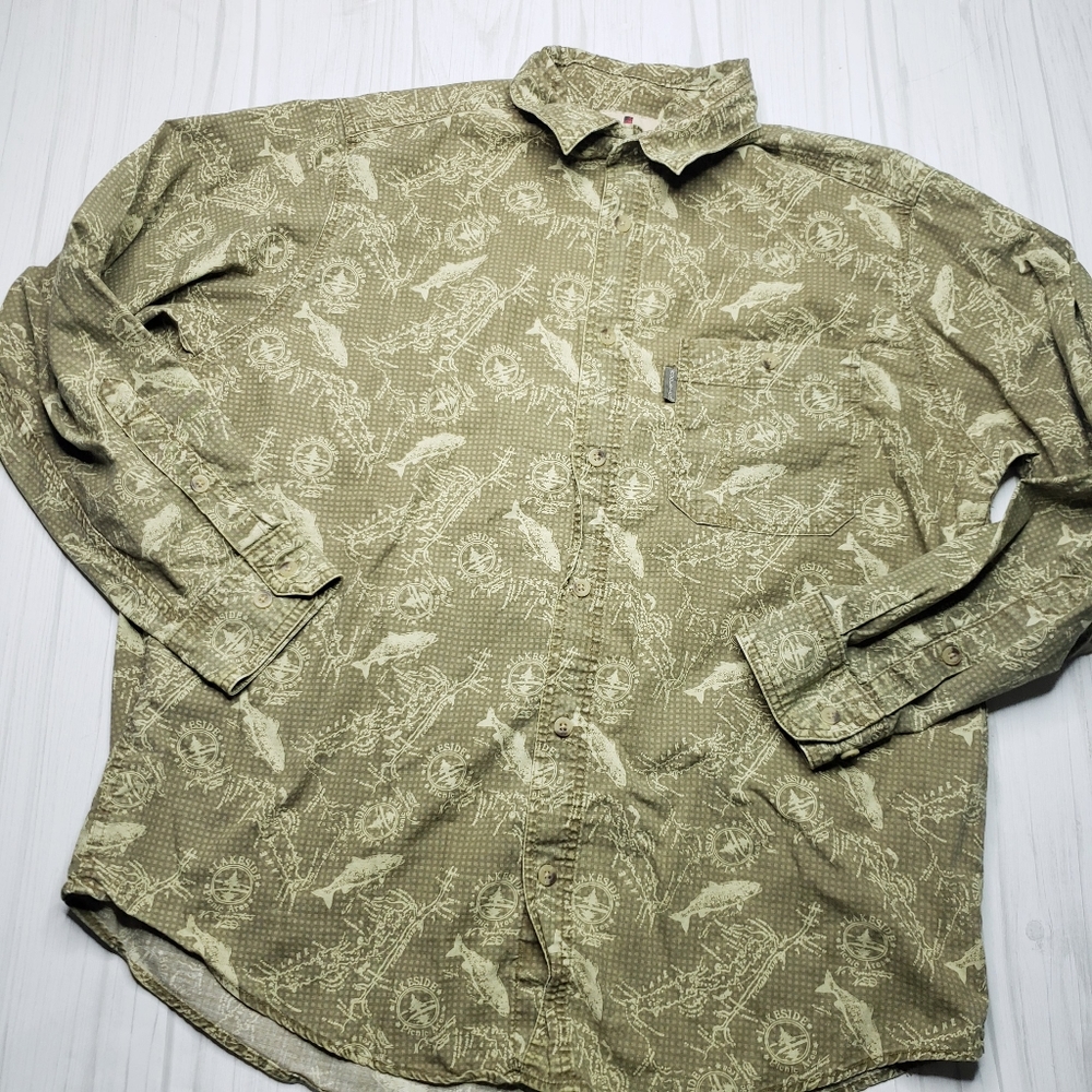 Mens Woolrich Green Fish Salmon Print Button Up Fall Shirt L